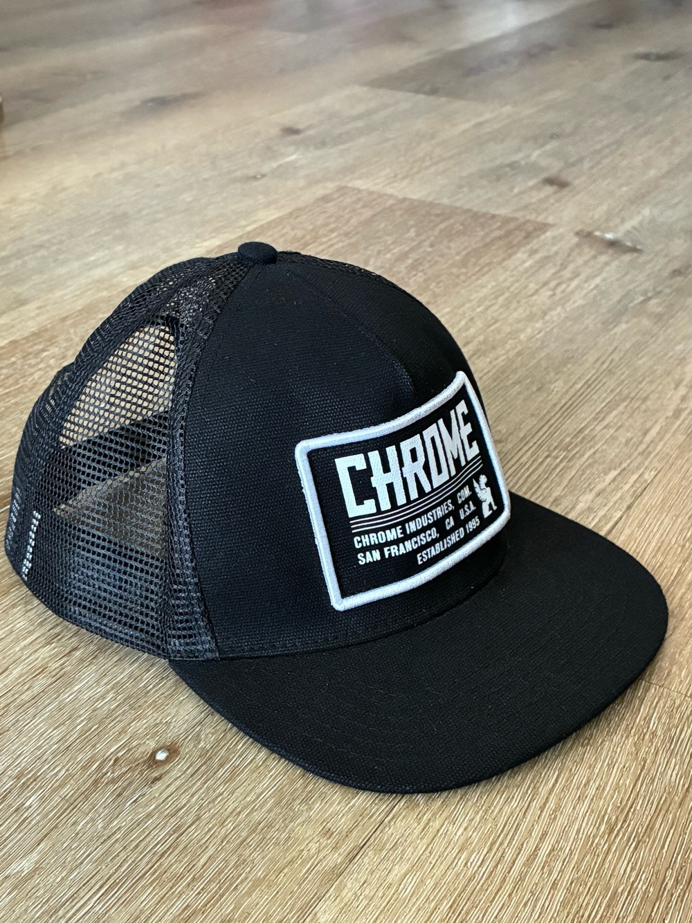 Chrome Industries Mesh Trucker Black Hat White Branded Logo Patch Snapback
